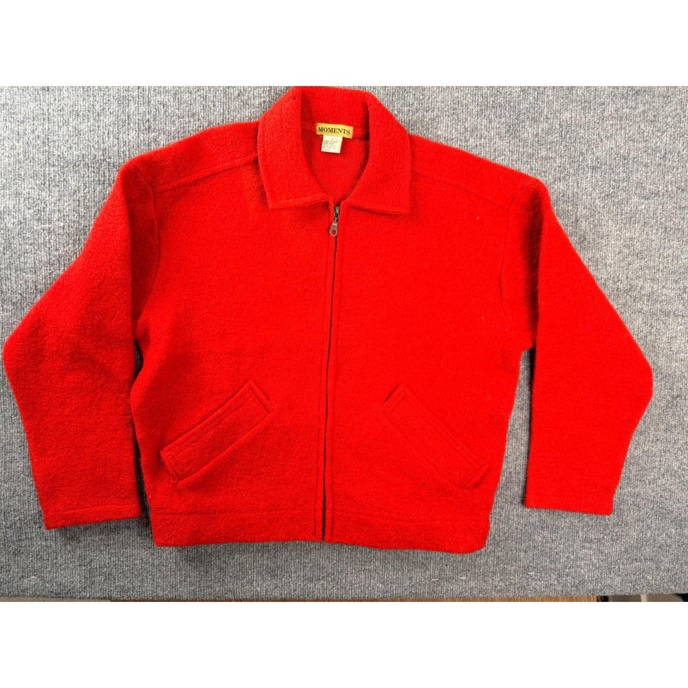 Moments Red Wool Jacket Womens Large Zip Up Heavyweight Boiled Wool India Made